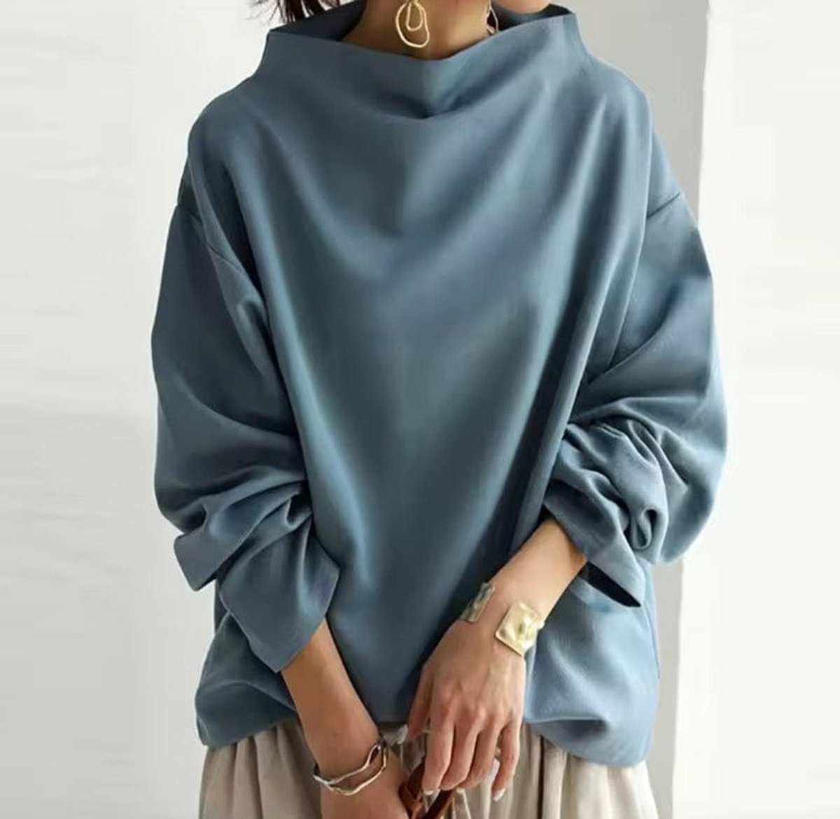 Comfortable Oversized Sweater for Women with High Neck Long Sleeve Relaxed Batwing Knit Style