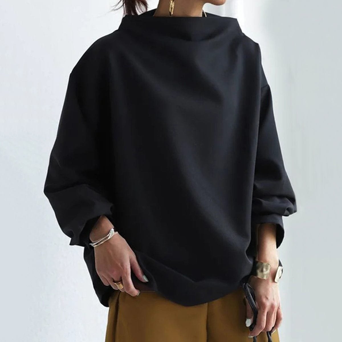 Comfortable Oversized Sweater for Women with High Neck Long Sleeve Relaxed Batwing Knit Style