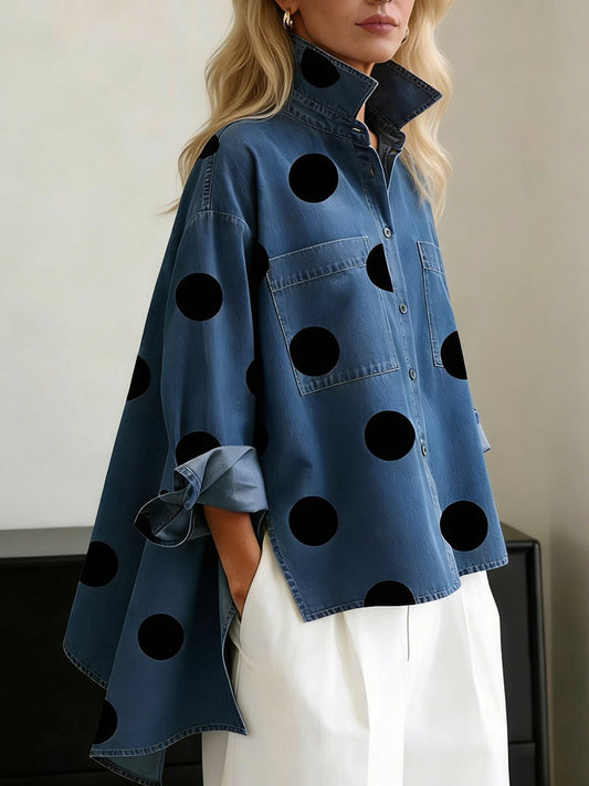 Effortless Polka Dot Denim Shirt for Women with High Neck Long Sleeve Oversized High Low Hem Casual Style