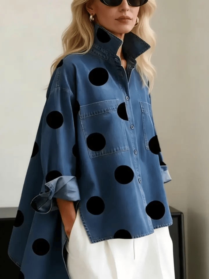 Effortless Polka Dot Denim Shirt for Women with High Neck Long Sleeve Oversized High Low Hem Casual Style