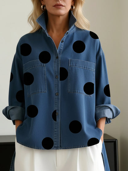 Effortless Polka Dot Denim Shirt for Women with High Neck Long Sleeve Oversized High Low Hem Casual Style