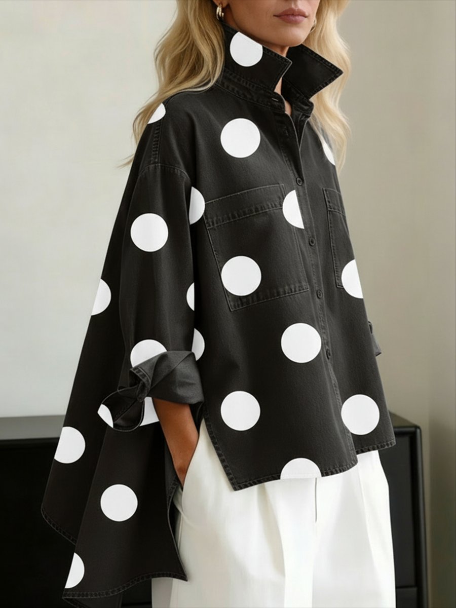 Effortless Polka Dot Denim Shirt for Women with High Neck Long Sleeve Oversized High Low Hem Casual Style