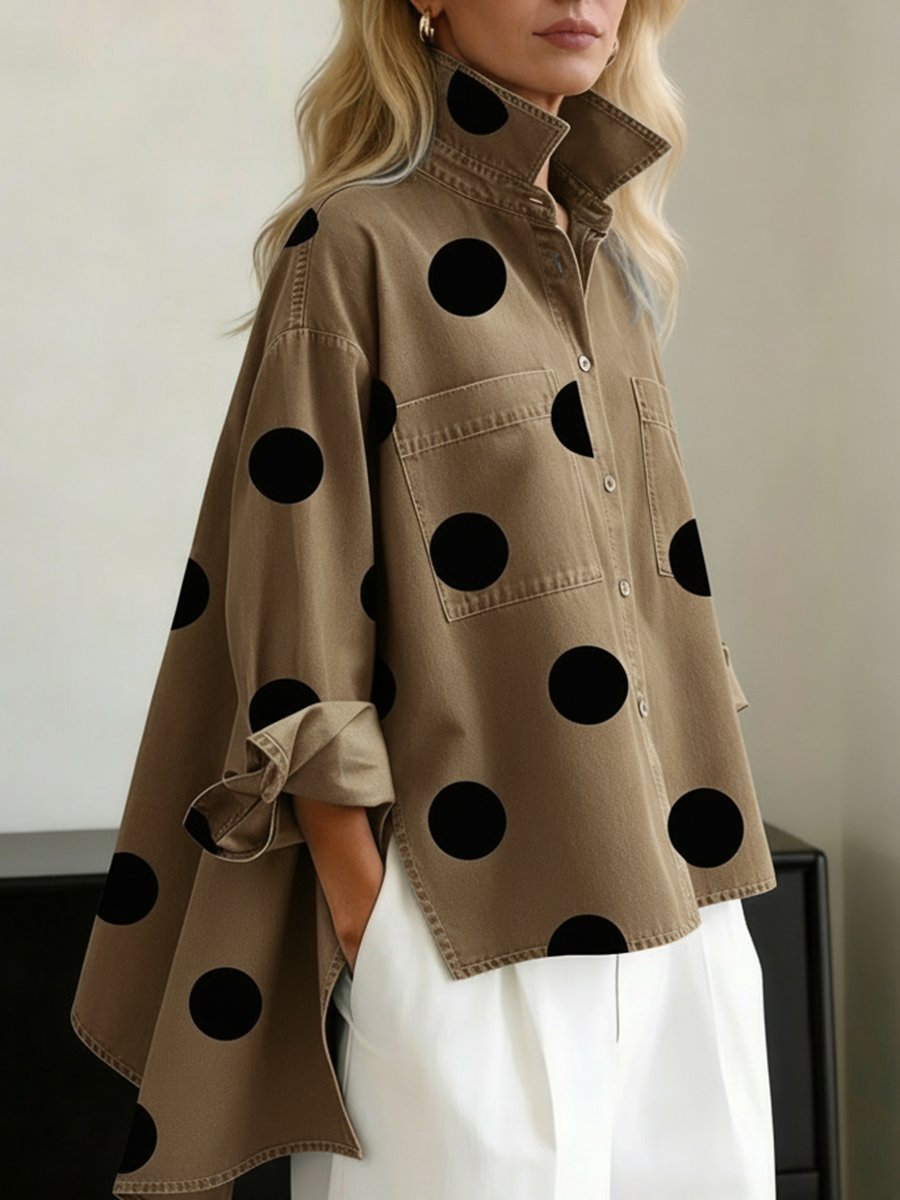 Effortless Polka Dot Denim Shirt for Women with High Neck Long Sleeve Oversized High Low Hem Casual Style
