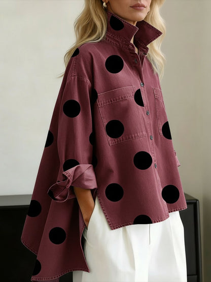 Effortless Polka Dot Denim Shirt for Women with High Neck Long Sleeve Oversized High Low Hem Casual Style