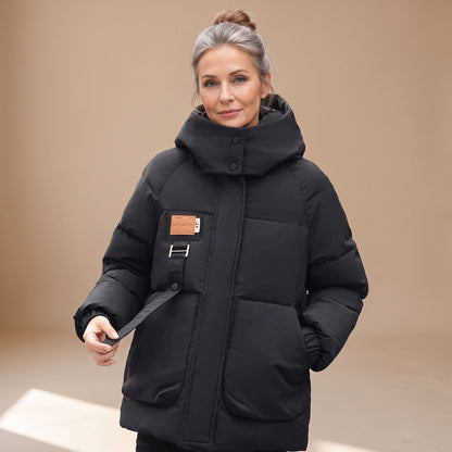 Cozy Black Puffer Jacket for Women with Hooded Collar Zip Up Quilted Oversized Winter Style
