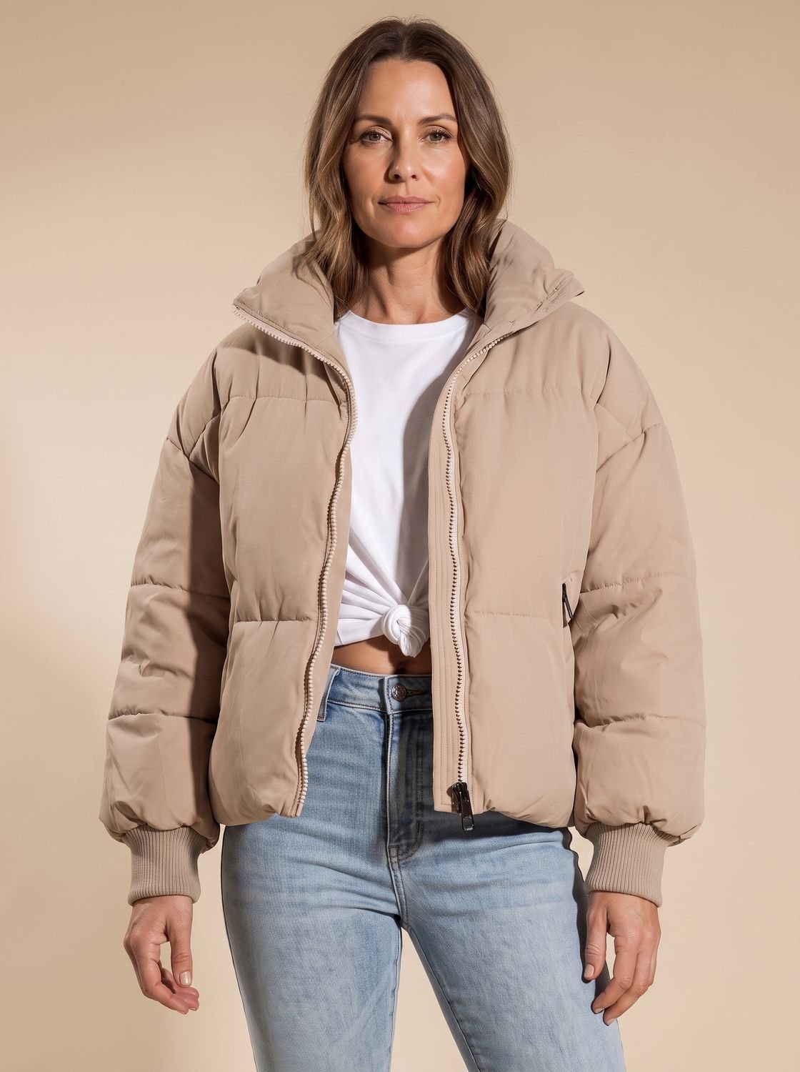 Cozy Oversized Puffer Jacket for Women with Stand Collar Long Sleeve Quilted Zip Winter Style