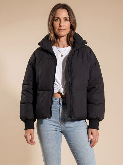 Cozy Oversized Puffer Jacket for Women with Stand Collar Long Sleeve Quilted Zip Winter Style