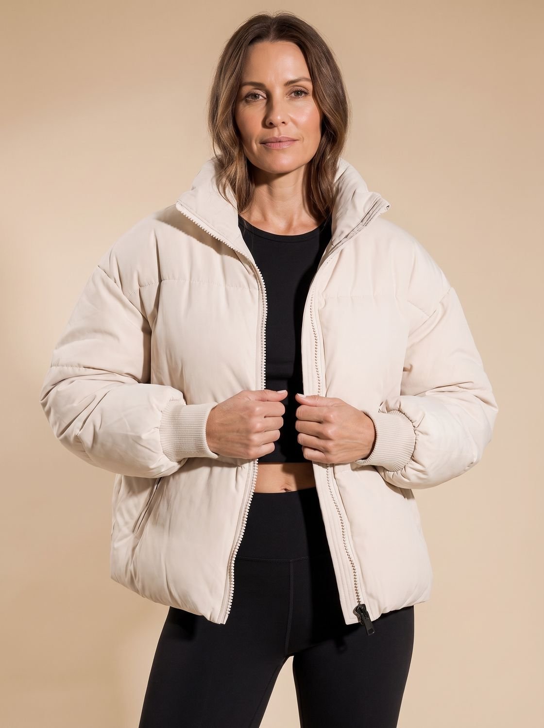 Cozy Oversized Puffer Jacket for Women with Stand Collar Long Sleeve Quilted Zip Winter Style