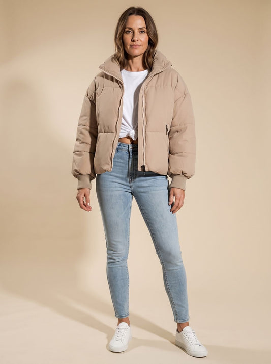 Cozy Oversized Puffer Jacket for Women with Stand Collar Long Sleeve Quilted Zip Winter Style