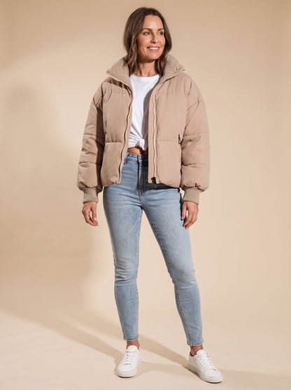 Cozy Oversized Puffer Jacket for Women with Stand Collar Long Sleeve Quilted Zip Winter Style