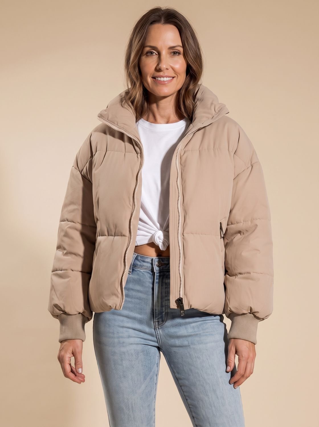Cozy Oversized Puffer Jacket for Women with Stand Collar Long Sleeve Quilted Zip Winter Style