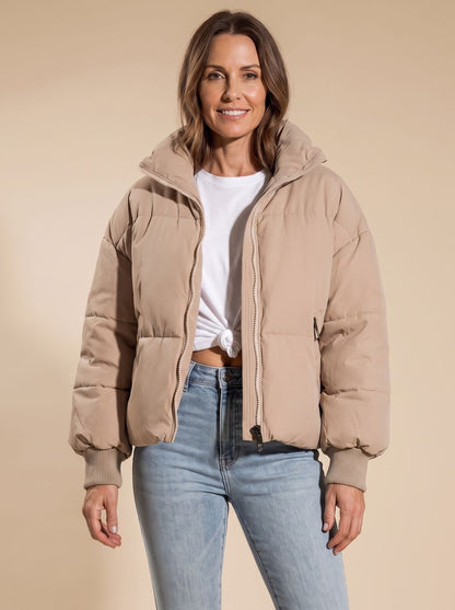 Cozy Oversized Puffer Jacket for Women with Stand Collar Long Sleeve Quilted Zip Winter Style