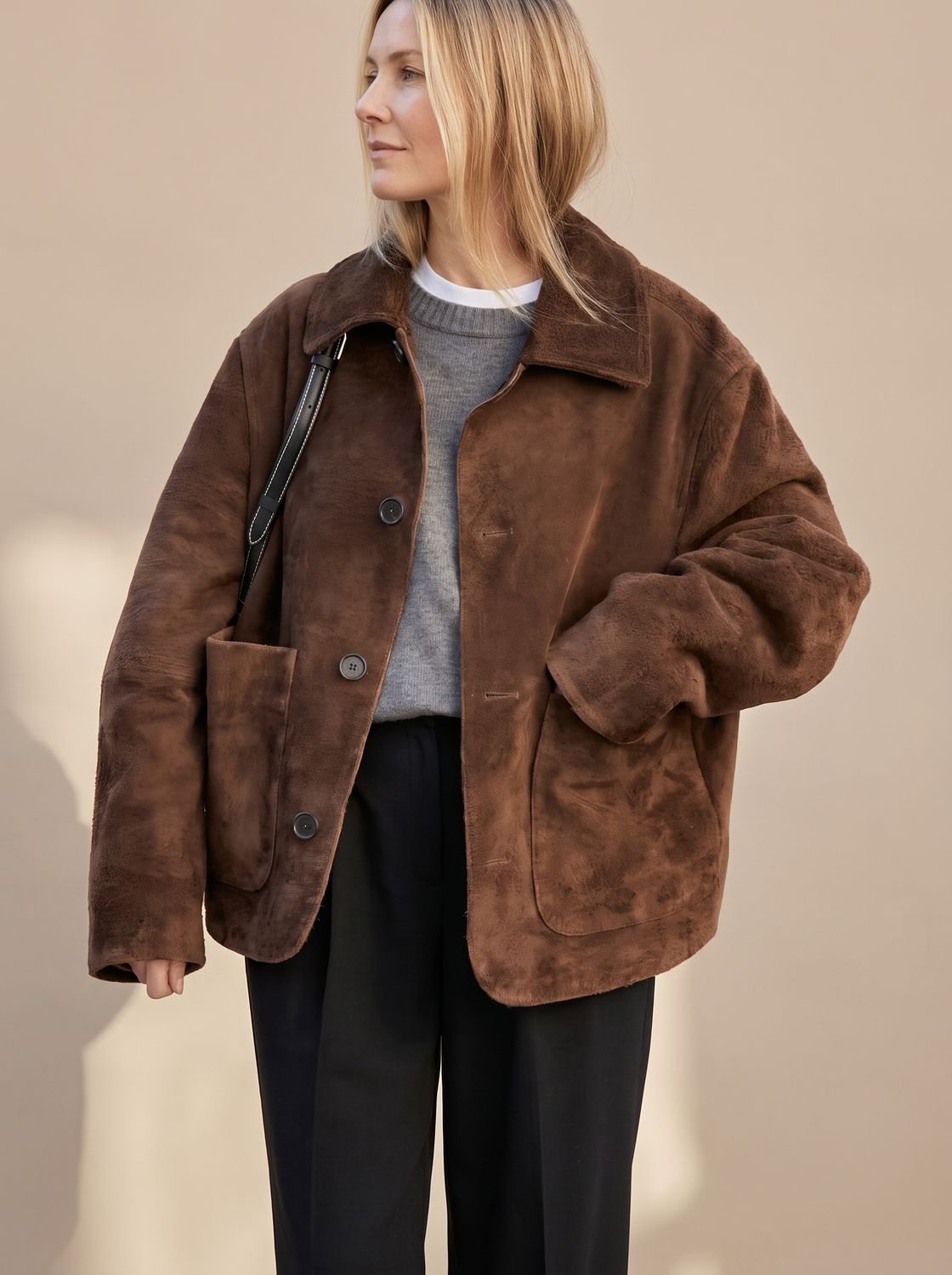 Cozy Brown Faux Suede Shearling Jacket for Women with Collar Long Sleeve Button Front Oversized Style