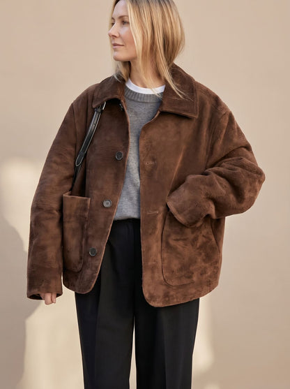 Cozy Brown Faux Suede Shearling Jacket for Women with Collar Long Sleeve Button Front Oversized Style