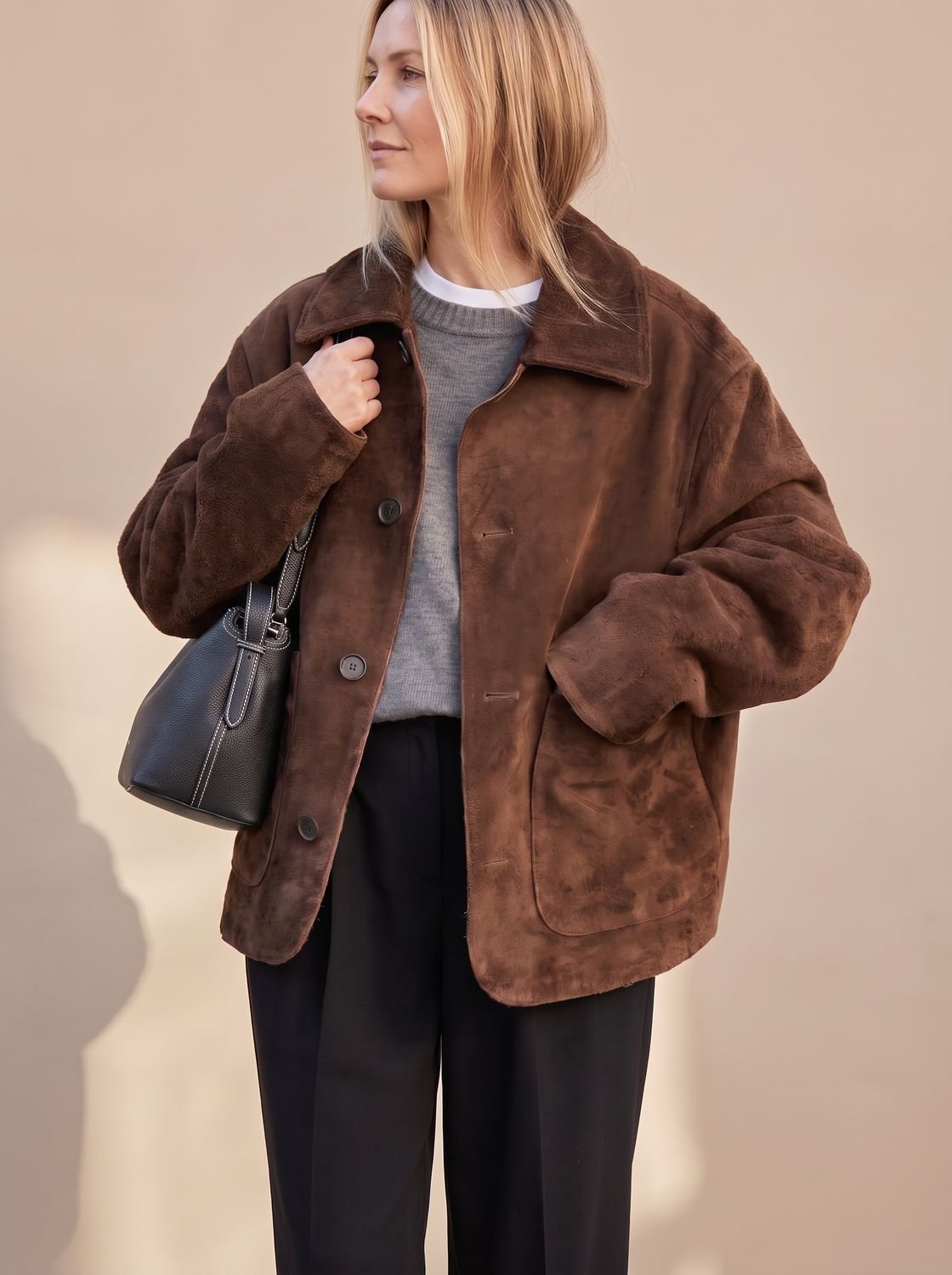 Cozy Brown Faux Suede Shearling Jacket for Women with Collar Long Sleeve Button Front Oversized Style