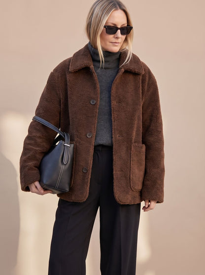 Cozy Brown Faux Suede Shearling Jacket for Women with Collar Long Sleeve Button Front Oversized Style