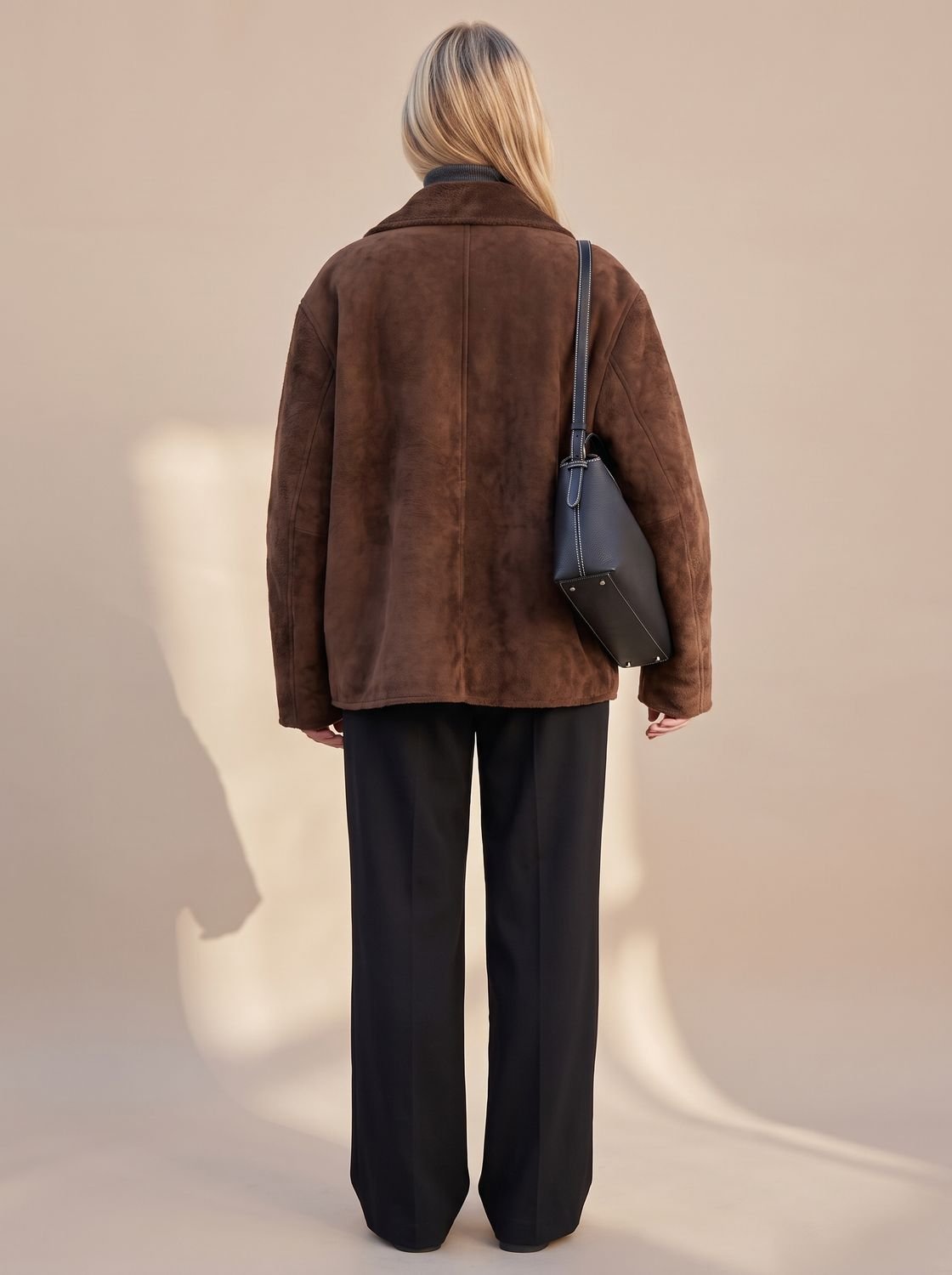Cozy Brown Faux Suede Shearling Jacket for Women with Collar Long Sleeve Button Front Oversized Style