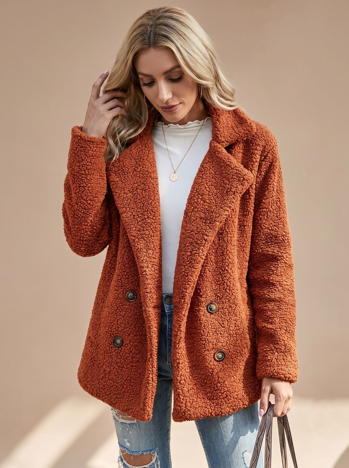 Cozy Teddy Fleece Coat for Women with Notched Lapel Long Sleeve Double Breasted Oversized Style