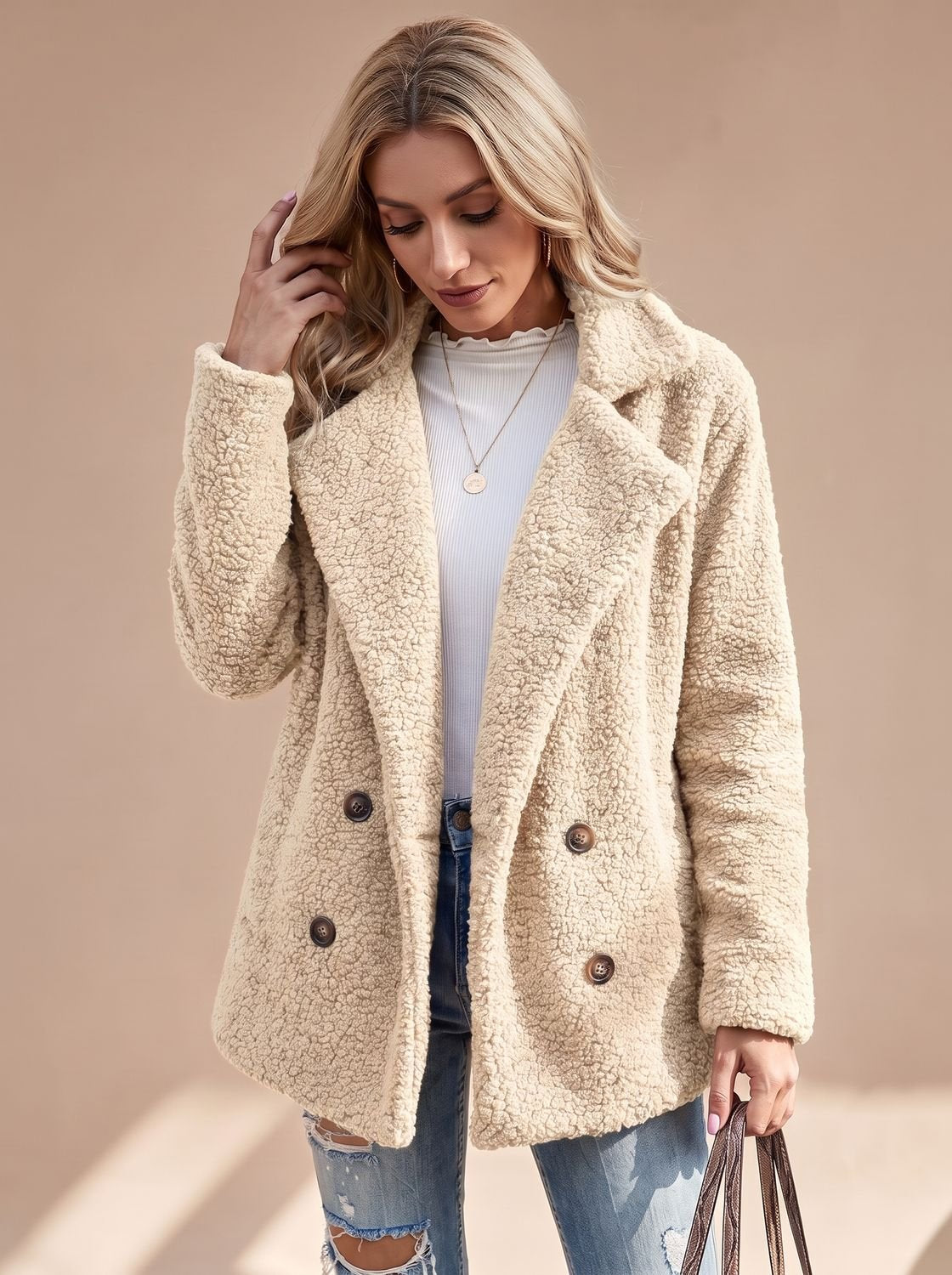 Cozy Teddy Fleece Coat for Women with Notched Lapel Long Sleeve Double Breasted Oversized Style