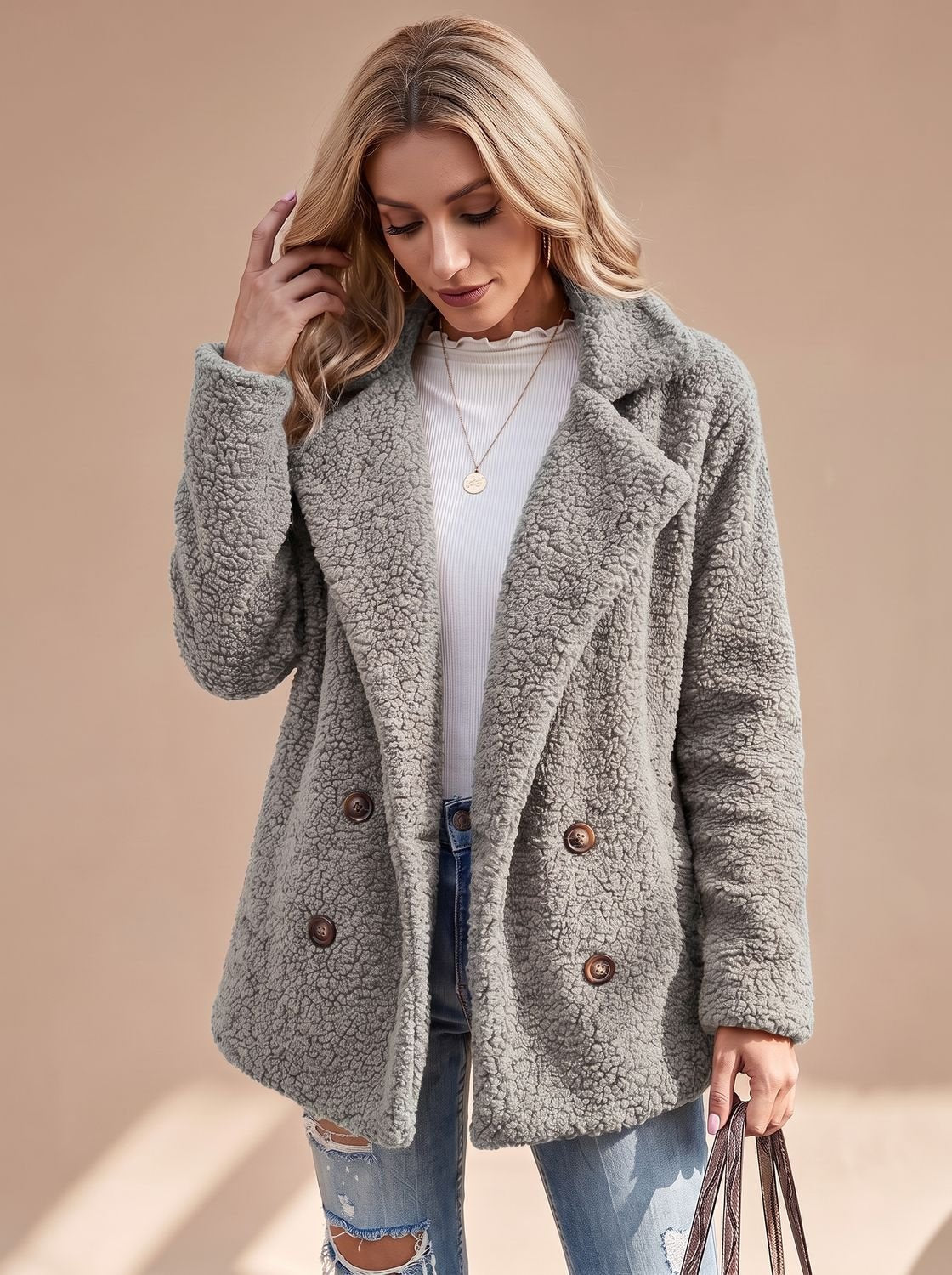 Cozy Teddy Fleece Coat for Women with Notched Lapel Long Sleeve Double Breasted Oversized Style