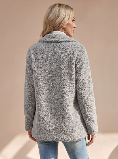 Cozy Teddy Fleece Coat for Women with Notched Lapel Long Sleeve Double Breasted Oversized Style