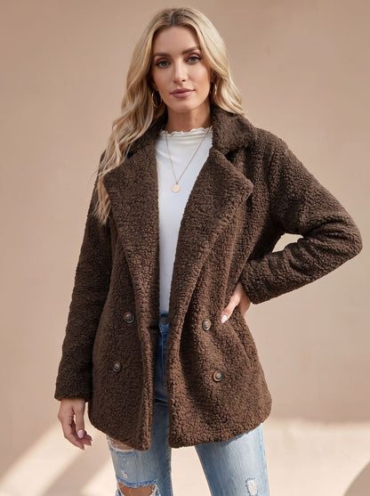 Cozy Teddy Fleece Coat for Women with Notched Lapel Long Sleeve Double Breasted Oversized Style