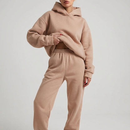 Comfortable Grey Fleece Hoodie Two Piece Set for Women with Cropped Long Sleeve Jogger Pant Relaxed Style