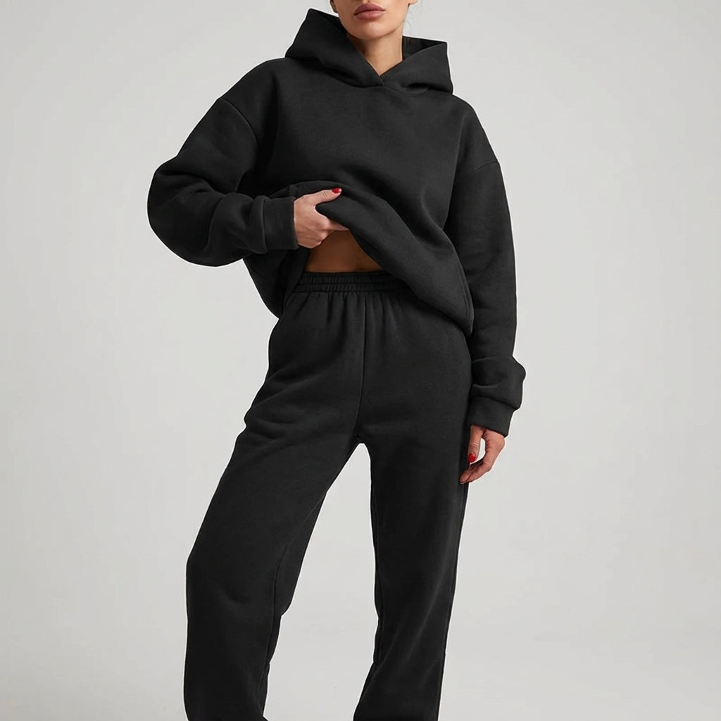Comfortable Grey Fleece Hoodie Two Piece Set for Women with Cropped Long Sleeve Jogger Pant Relaxed Style