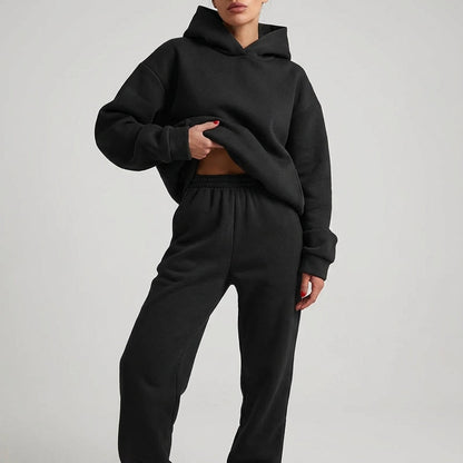 Comfortable Grey Fleece Hoodie Two Piece Set for Women with Cropped Long Sleeve Jogger Pant Relaxed Style
