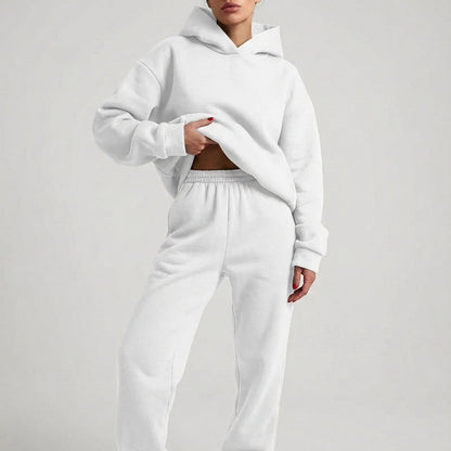 Comfortable Grey Fleece Hoodie Two Piece Set for Women with Cropped Long Sleeve Jogger Pant Relaxed Style
