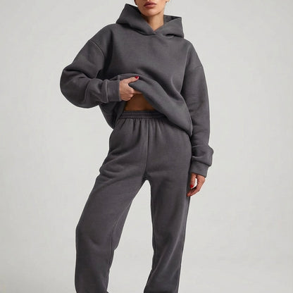Comfortable Grey Fleece Hoodie Two Piece Set for Women with Cropped Long Sleeve Jogger Pant Relaxed Style