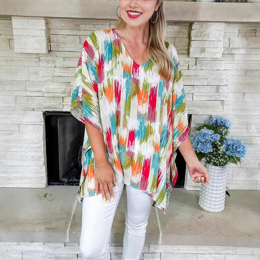Effortless Colorful Tunics for Women with Oversized V-Neck Abstract Print Boho Style