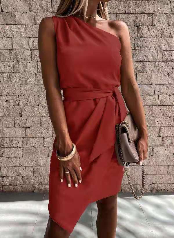Elegant Red Dress for Women with One Shoulder Sleeveless Tie Waist Asymmetrical Mini Style