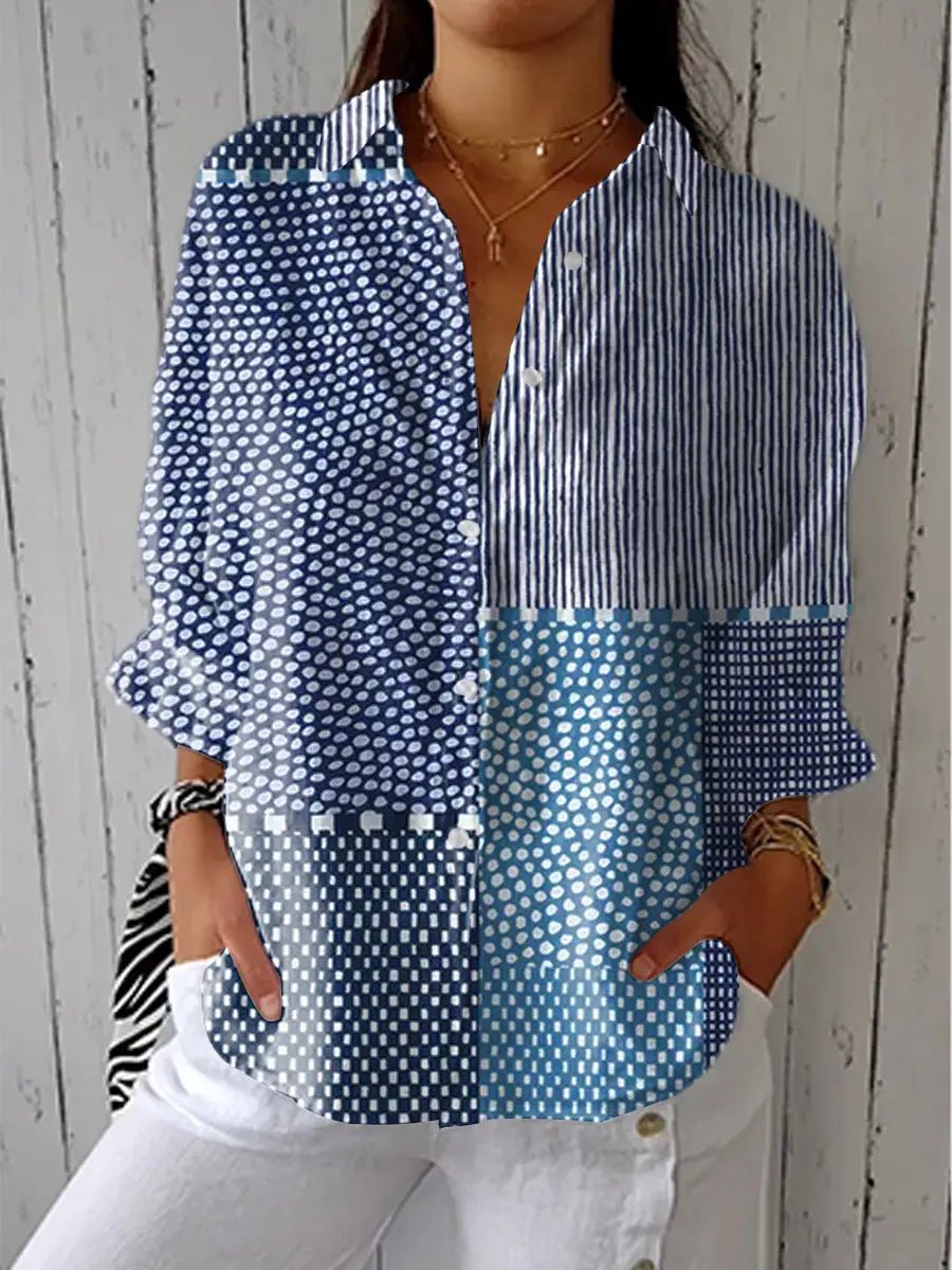Effortless Patchwork Shirt for Women with Collared Neck Button Front Relaxed Casual Style