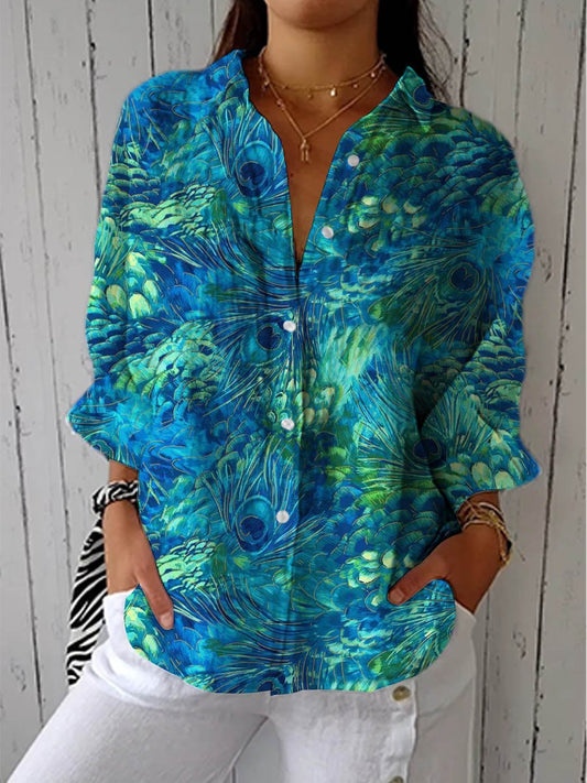 Stylish Peacock Print Blouse for Women with V-Neck Long Sleeve Button Up Design