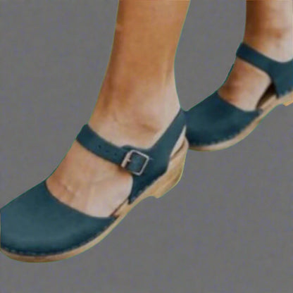 Comfortable Platform Clogs for Women with Wooden Heel Closed Toe Ankle Strap Style