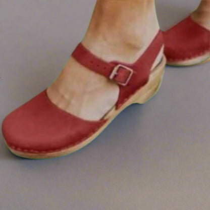 Comfortable Platform Clogs for Women with Wooden Heel Closed Toe Ankle Strap Style