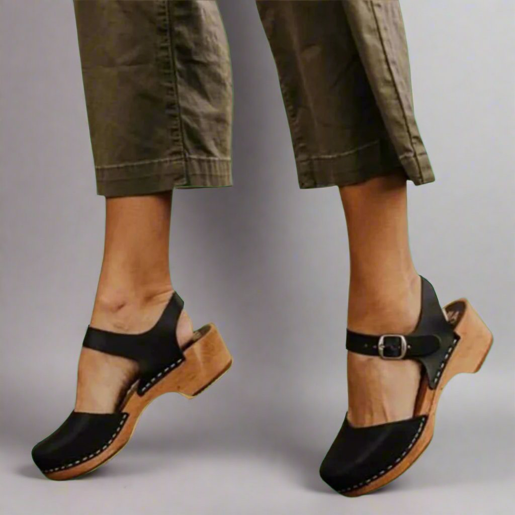 Comfortable Platform Clogs for Women with Wooden Heel Closed Toe Ankle Strap Style
