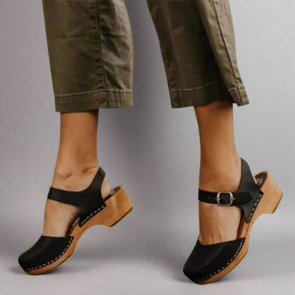 Comfortable Platform Clogs for Women with Wooden Heel Closed Toe Ankle Strap Style