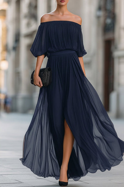 Elegant Wedding Guest Dress for Women with Off Shoulder Side Split Flowing Maxi Formal Style