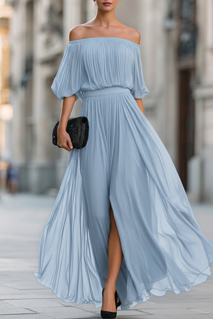 Elegant Wedding Guest Dress for Women with Off Shoulder Side Split Flowing Maxi Formal Style