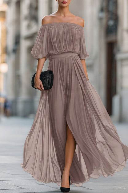 Elegant Wedding Guest Dress for Women with Off Shoulder Side Split Flowing Maxi Formal Style
