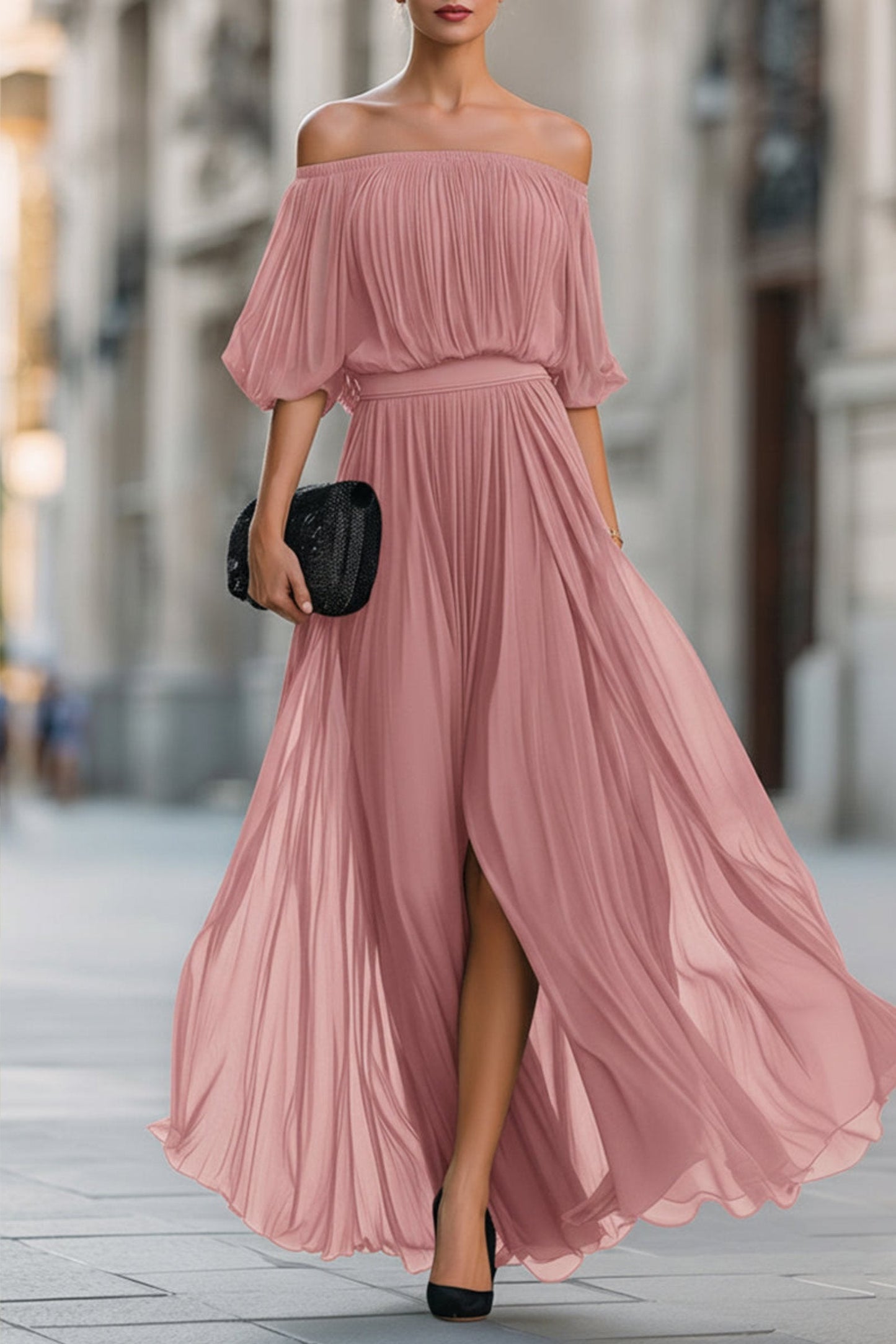Elegant Wedding Guest Dress for Women with Off Shoulder Side Split Flowing Maxi Formal Style