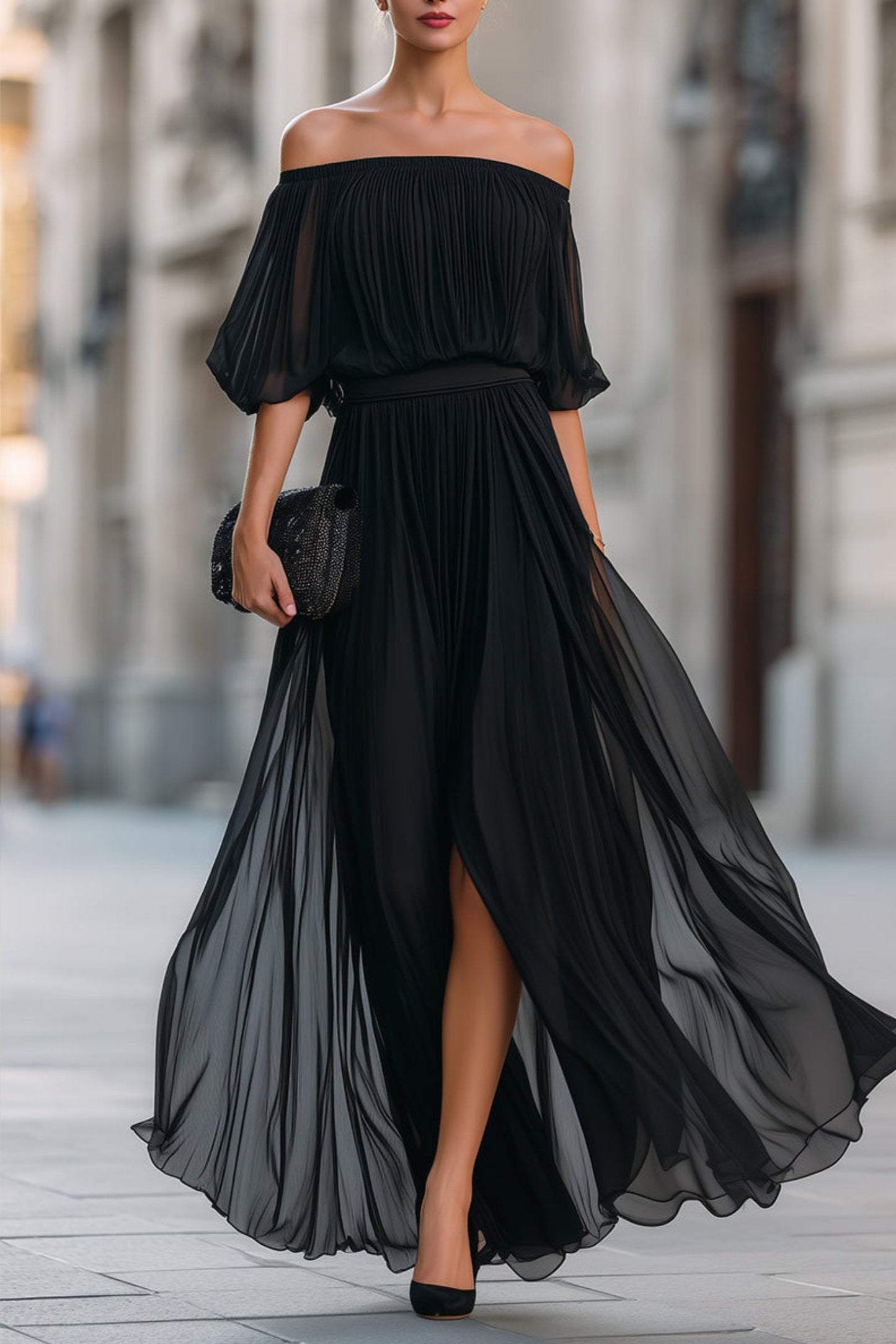 Elegant Wedding Guest Dress for Women with Off Shoulder Side Split Flowing Maxi Formal Style