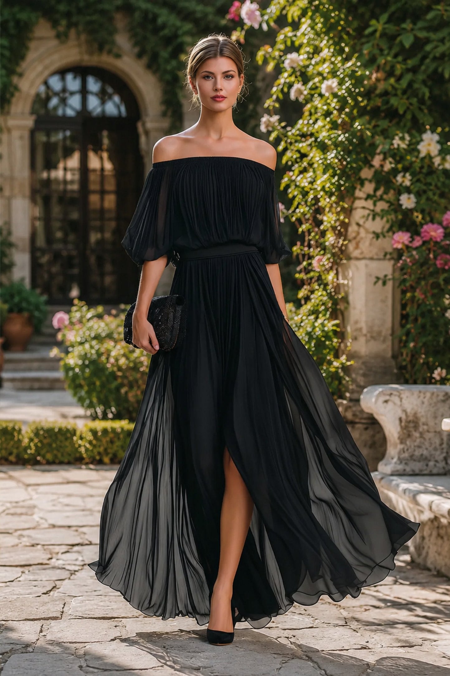Elegant Wedding Guest Dress for Women with Off Shoulder Side Split Flowing Maxi Formal Style