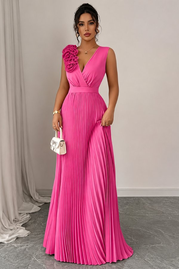 Elegant Evening Dresses for Women with Floral Applique Pleated Formal Wedding Guest Style