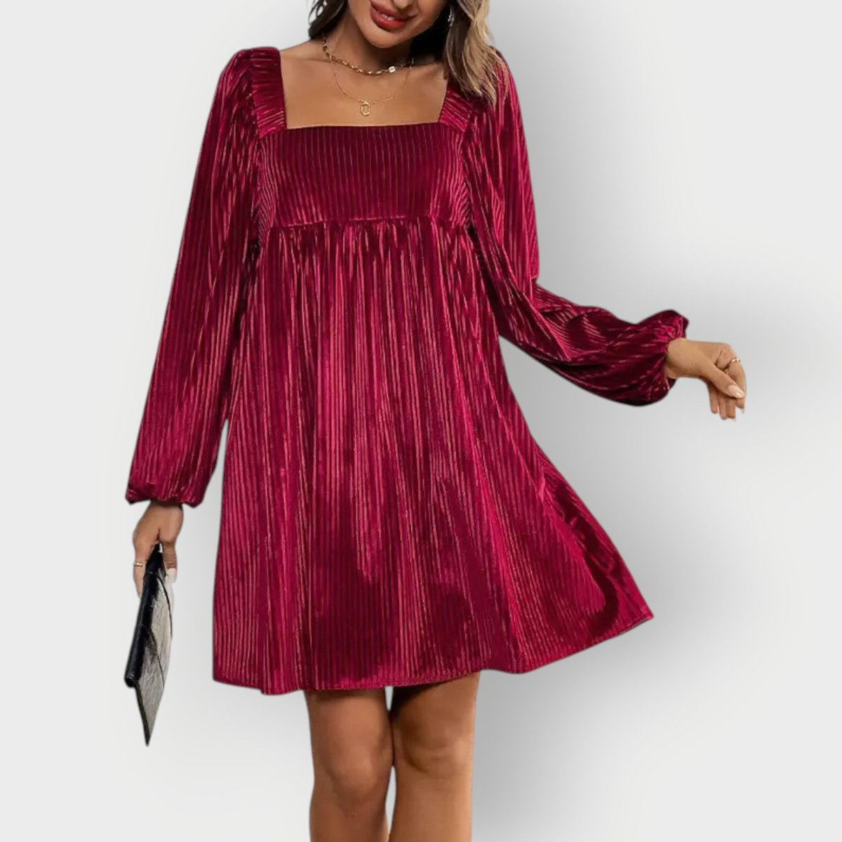 Elegant Red Dress for Women with Square Neck Long Sleeve Velvet Pleated Flowing Style