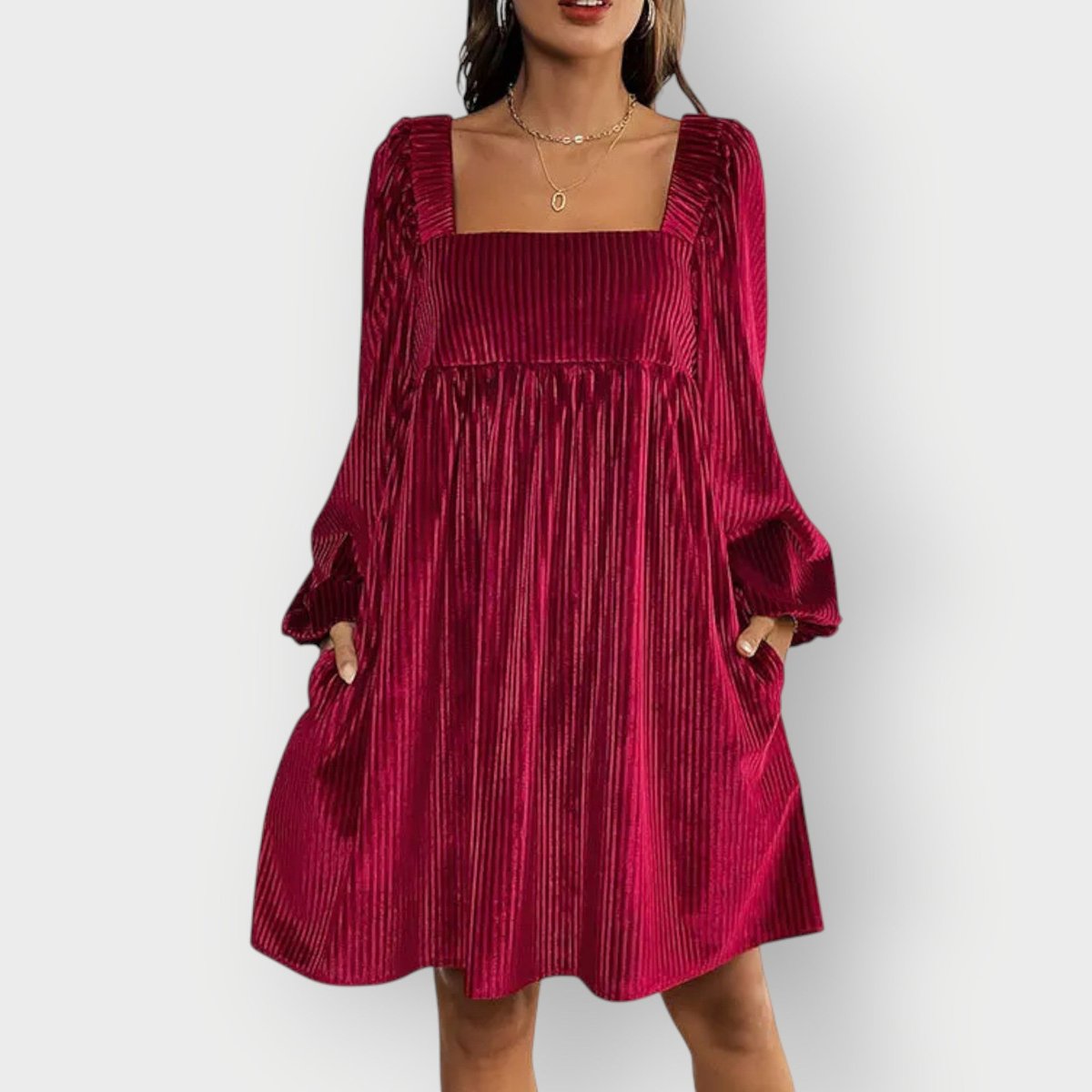 Elegant Red Dress for Women with Square Neck Long Sleeve Velvet Pleated Flowing Style