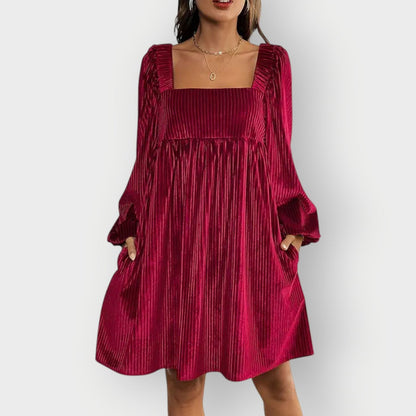 Elegant Red Dress for Women with Square Neck Long Sleeve Velvet Pleated Flowing Style