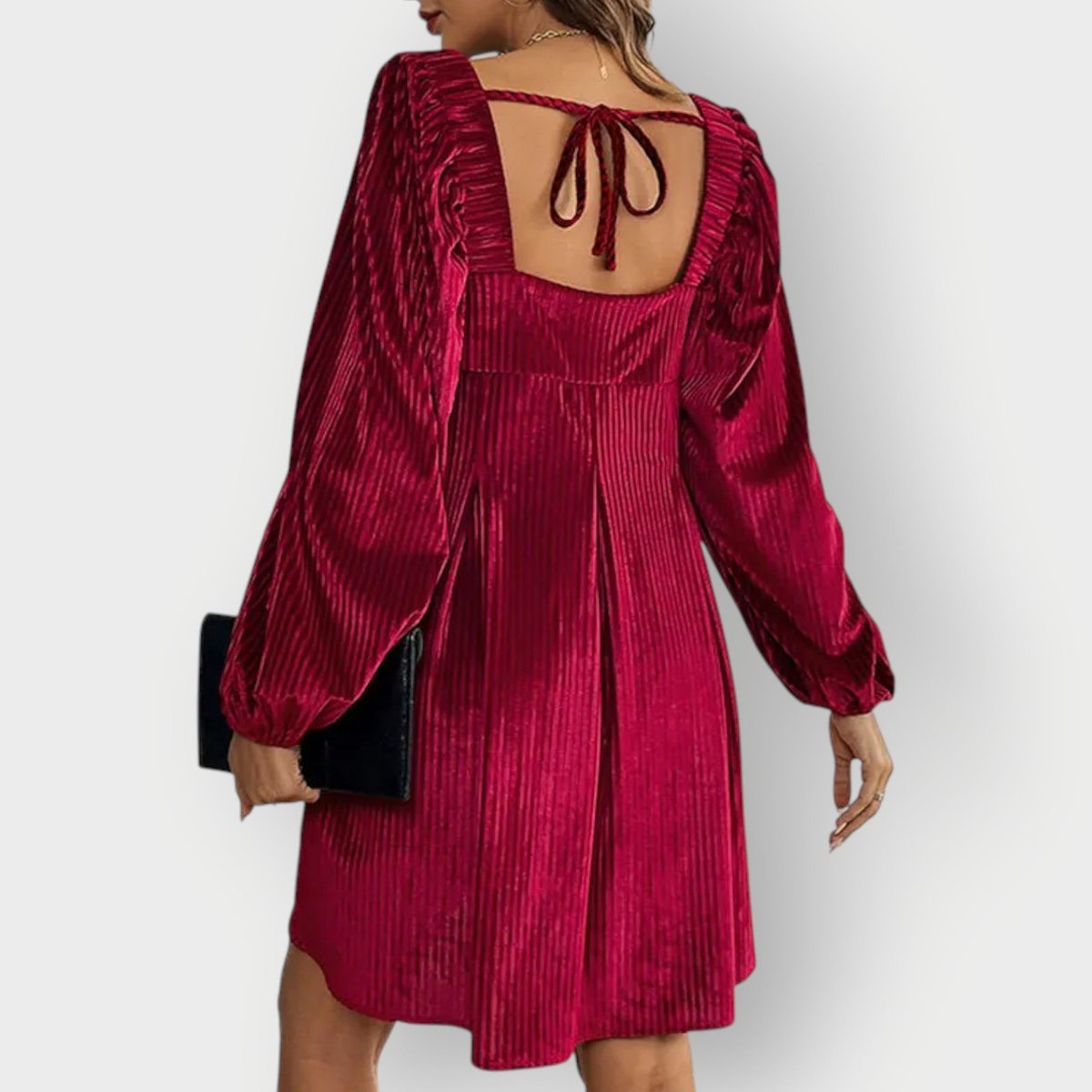 Elegant Red Dress for Women with Square Neck Long Sleeve Velvet Pleated Flowing Style